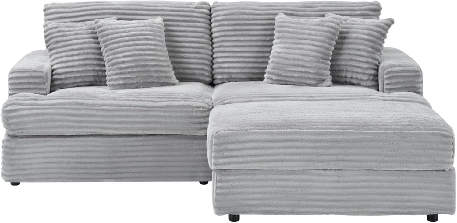 KEIKI 88.58 inch Corduroy Sofa, Wide Corduroy Sofa Chair with Storage Feet and 4 Throw Pillows, Sleeper Couch for Living Room, Apartment, Salon, Home Theater, Gray