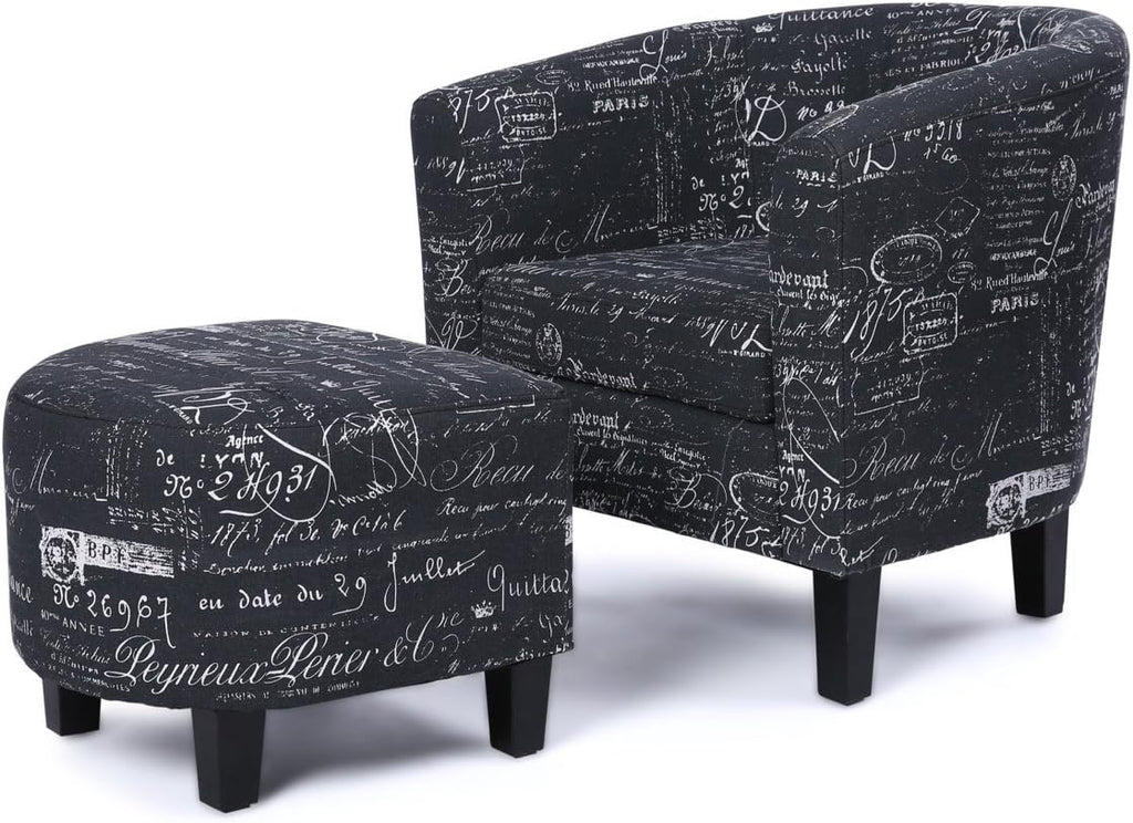 BELLEZE Accent Chair with Ottoman Set, Modern Upholstered Curved Back Barrel Armchair, Round Tub Reading Seating and Footrest for Living Room Bedroom - Black French Pattern/Linen