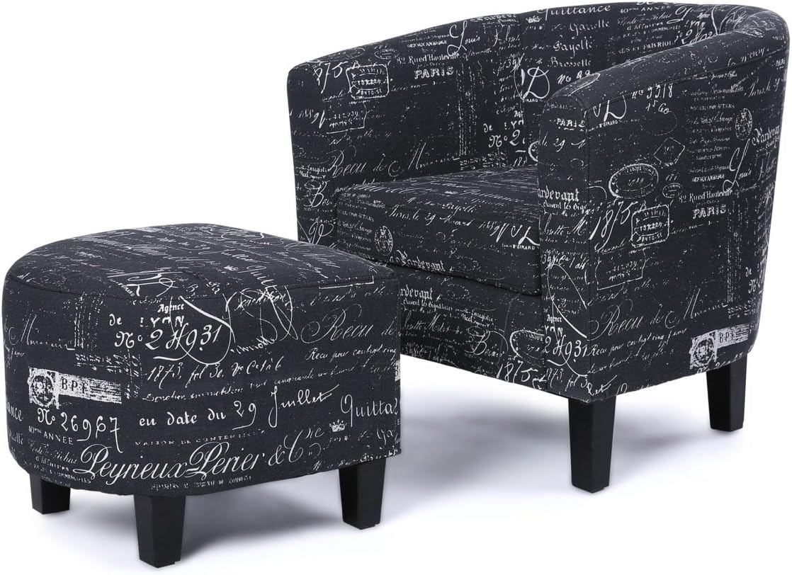 BELLEZE Accent Chair with Ottoman Set, Modern Upholstered Curved Back Barrel Armchair, Round Tub Reading Seating and Footrest for Living Room Bedroom - Black French Pattern/Linen