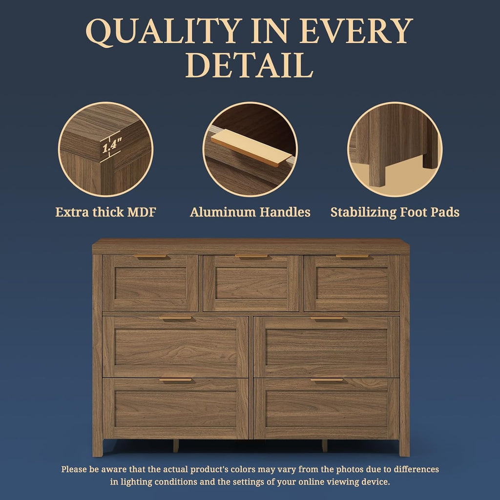 OAKHAM HOME 47' Wide 7 Drawer Dresser, Rustic Wooden Storage Dresser with Metal Handles, Large Chest of Drawers for Bedroom, Living Room & Hallway (Special Walnut)