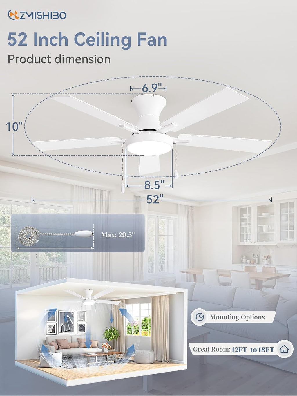 ZMISHIBO 52inch Ceiling Fans with Lights, Low Profile Ceiling Fan with Pull Chain and Remote Control, Flush Mount, Reversible, Dimmable, Noiseless, White Pull Cord Ceiling Fan for Bedroom