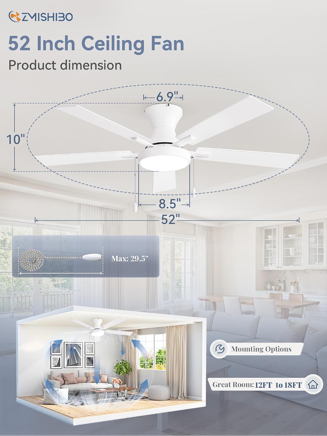 ZMISHIBO 52inch Ceiling Fans with Lights, Low Profile Ceiling Fan with Pull Chain and Remote Control, Flush Mount, Reversible, Dimmable, Noiseless, White Pull Cord Ceiling Fan for Bedroom