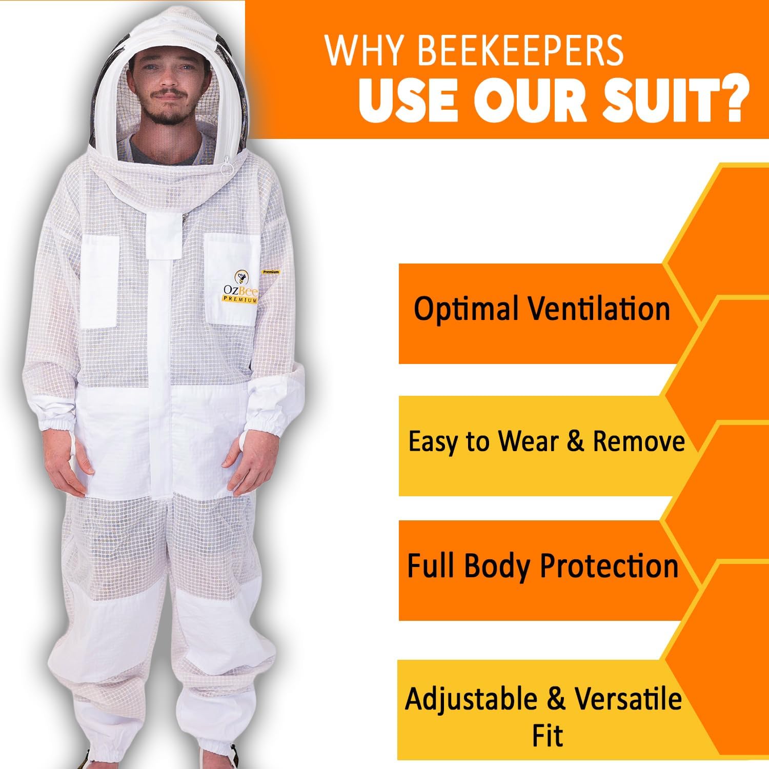 OZBEE 3-Layer Ventilated Mesh Beekeeping Suit with Fencing Hoodie Veil & Round Veil, Includes Goatskin Leather Gloves
