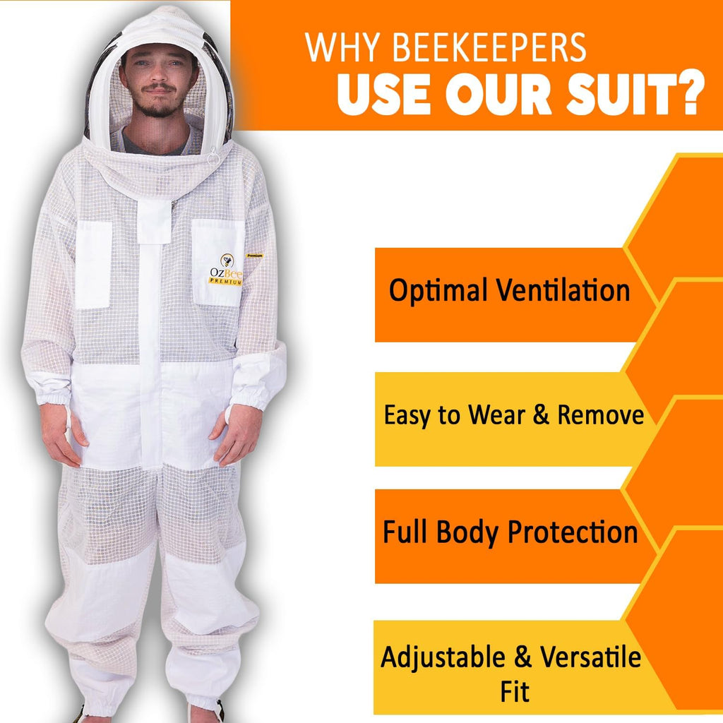 OZBEE 3-Layer Ventilated Mesh Beekeeping Suit with Fencing Hoodie Veil & Round Veil, Includes Goatskin Leather Gloves