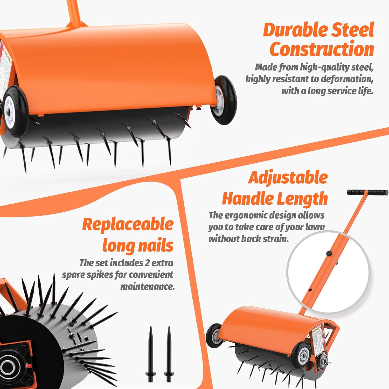 24 Inch Rolling Lawn Aerator, Heavy Duty Manual Aerator Tool, Up to 70 lbs, Push Spike Aeration Tool with 42 Spikes, Suitable for Lawns, Garden, and Yard Grass Aeration [Orange]