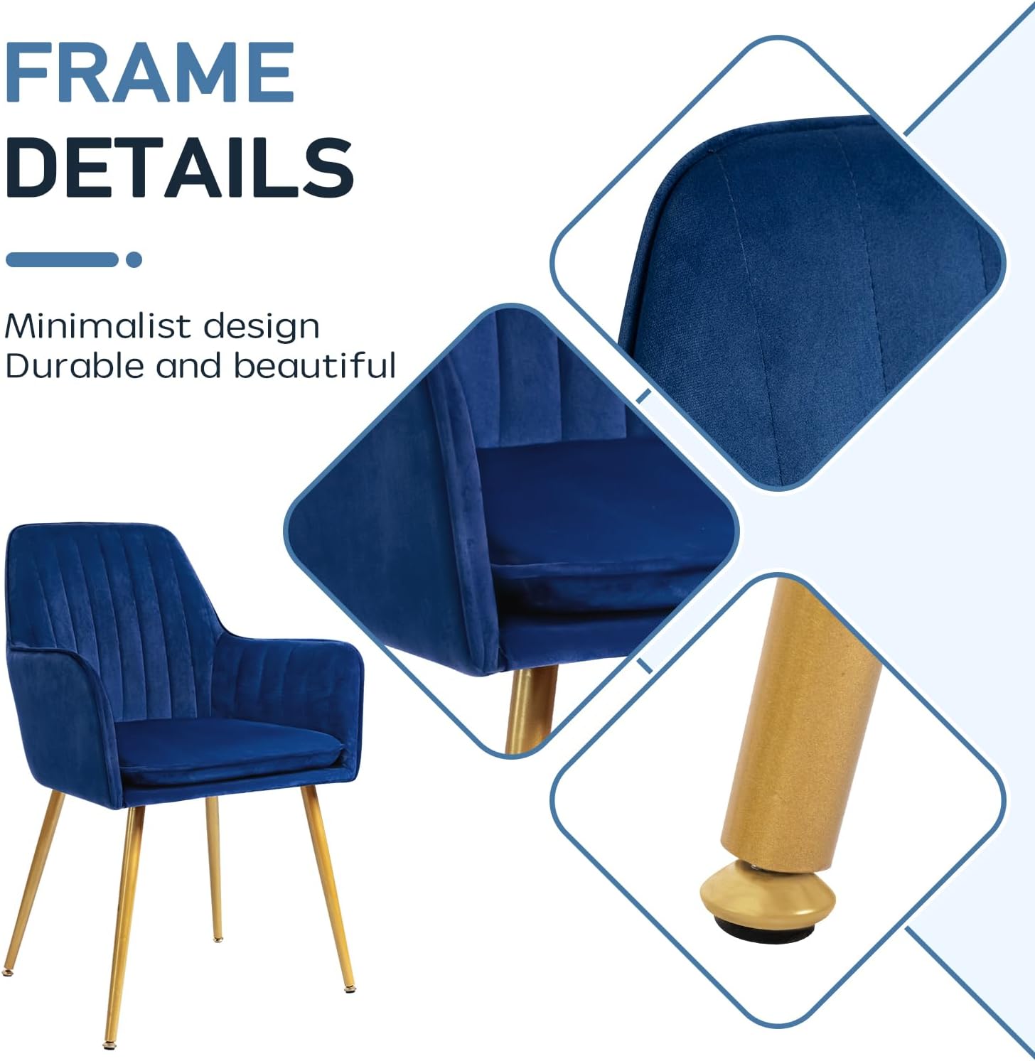 CangLong Furniture Modern Living Dining Room Accent Arm Chairs Club Guest with Gold Metal Legs, Set of 2, Navy Blue
