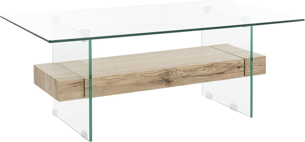 SAFAVIEH Home Collection – Kayley Rectangular Glass Coffee Table with Wood Shelf, Modern Open Frame Accent Table for Living Room (COF7004A)