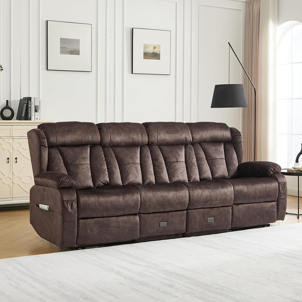 Loveseat Recliner Sofa,4 Seater Recliner Couch, Manual Reclining Loveseat with Console for Living Room, Home Theater Seating with AC/USB C/USB Ports Drawer Cup Holder(Velvet Brown, 4 Seater)