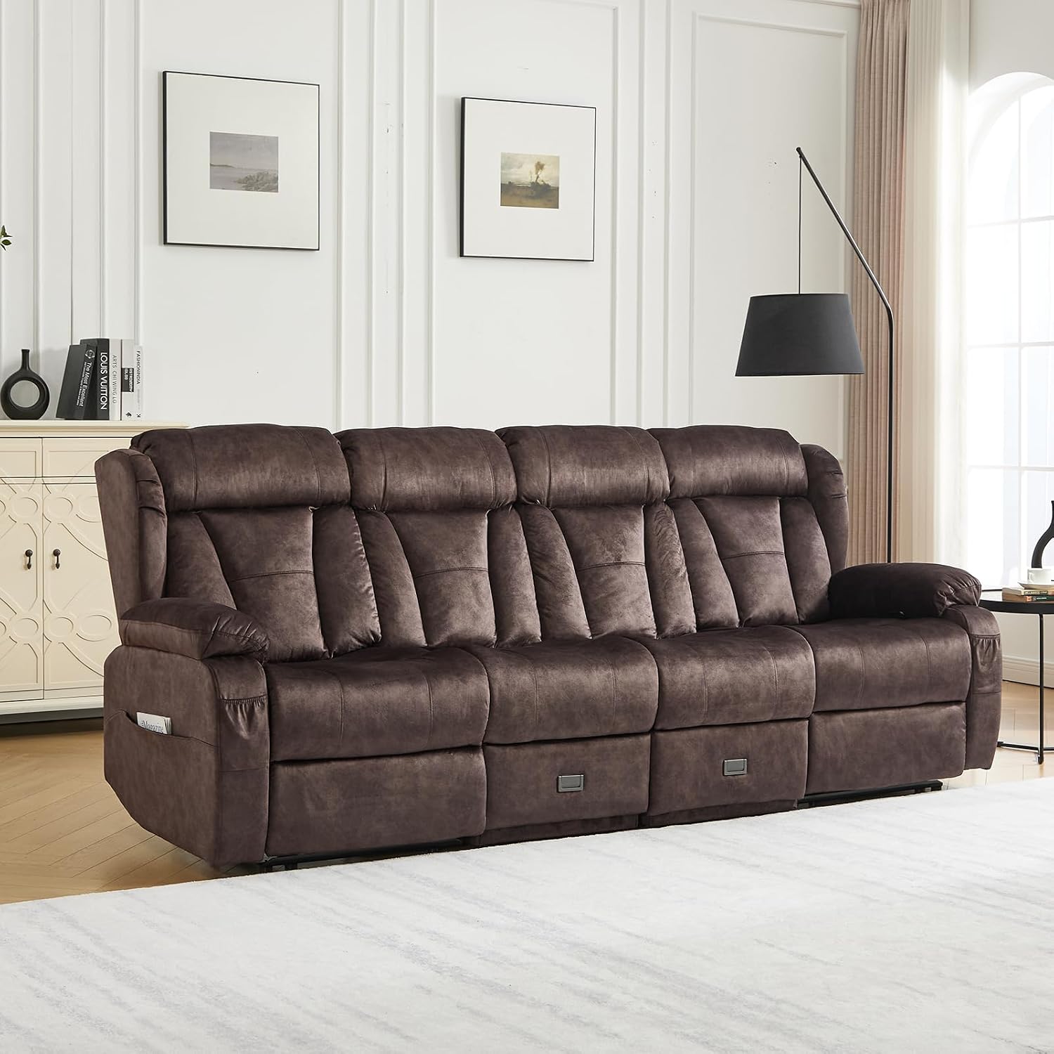 Loveseat Recliner Sofa,4 Seater Recliner Couch, Manual Reclining Loveseat with Console for Living Room, Home Theater Seating with AC/USB C/USB Ports Drawer Cup Holder(Velvet Brown, 4 Seater)