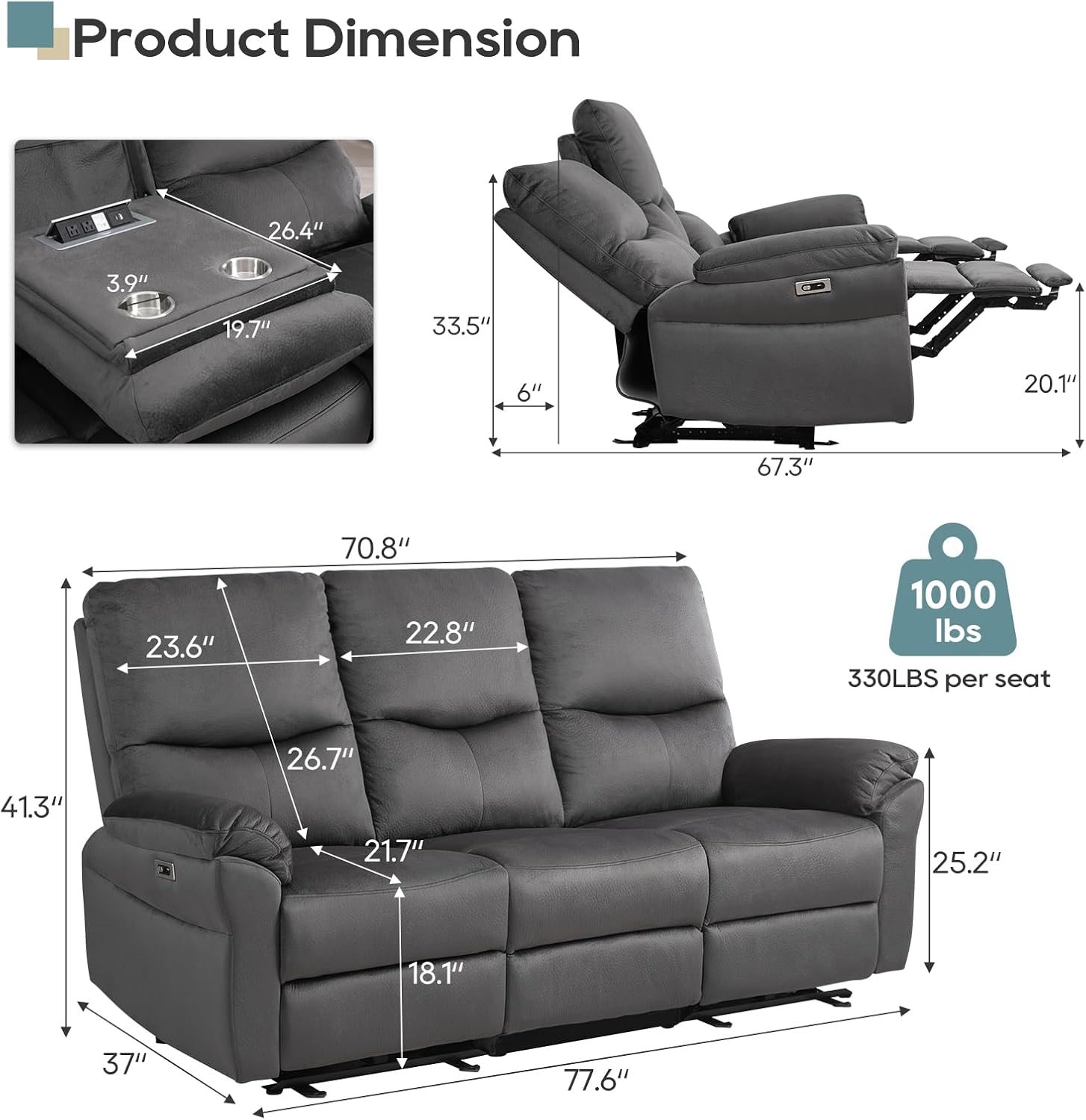 Reclining Sofa, Power Reclining Sofa with Drop-Down Table & Cup Holders, Modern 3 Seat Power Reclining Couch, Wall Hugger Sofa Recliner for Living Room Furniture Sets(Dark Gray) | Console