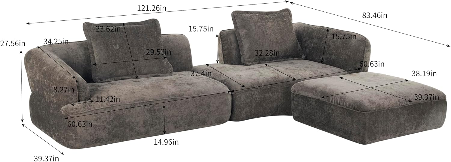 Christopher Knight Home Zacha 121' Modular L-Shape Sofa Couch with Chaise Lounge, Modern Boneless Sofa for Living Room, Fabric Upholstered Cloud Couch with Deep Seat, Dark Brown
