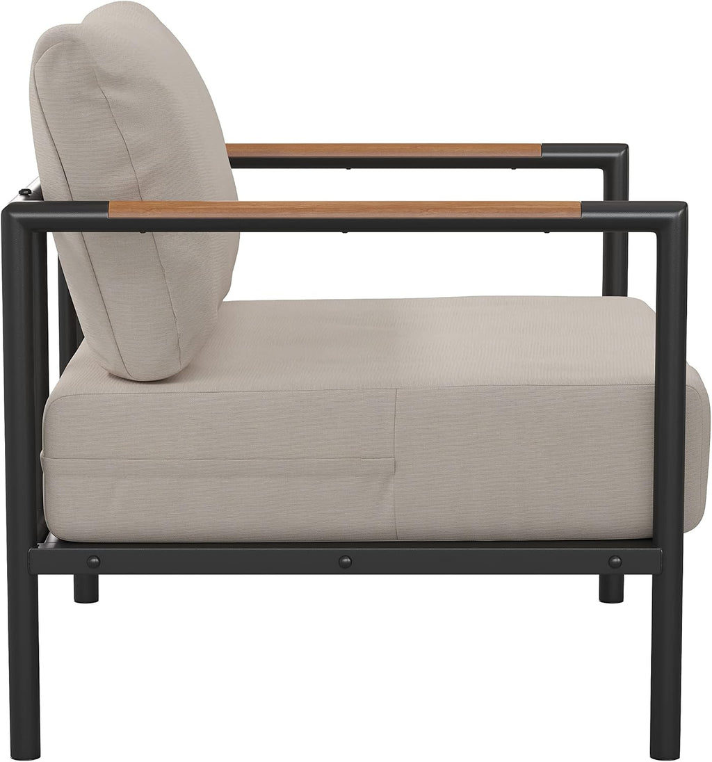 Flash Furniture Lea Indoor/Outdoor Patio Chair with Cushions - Modern Aluminum Framed Chair with Teak Accented Arms, Black with Beige Cushions