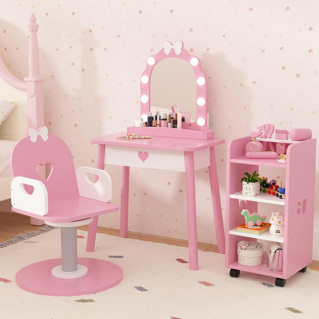 Wooden Kids Vanity Table and Chair Set with Light and Mirror, Princess Makeup Vanity Desk with Barber Chair and Rolling Cart, Pretend Hair Salon Play Set, Toddler Vanity Set for Girls, Pink