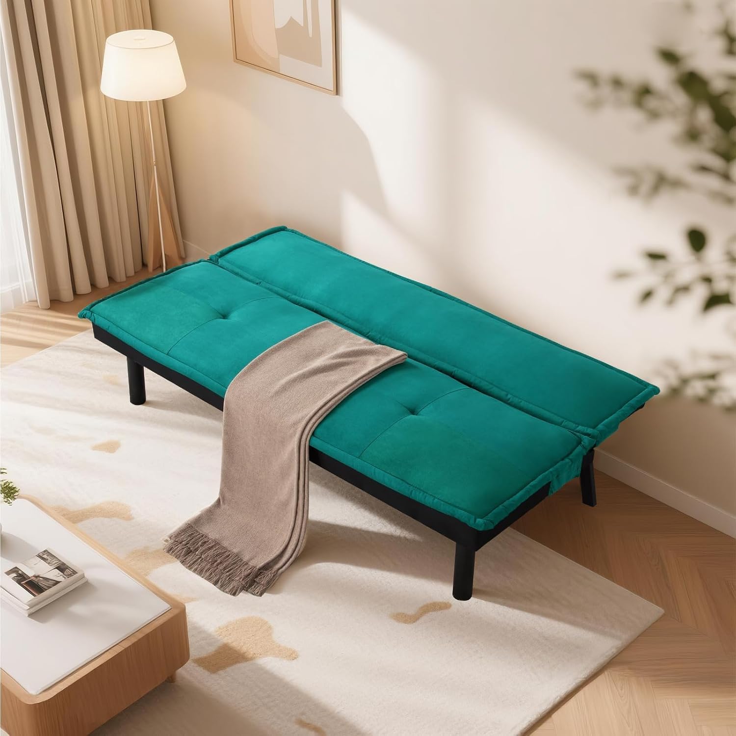 Futon Sofa Bed Couch, 64.6' Convertible Sleeper Sofa with 5 Positions Adjustable Backrest, Velvet Couch Bed with Solid Wood Frame for Home Office Living Room Guest Dorm, Green