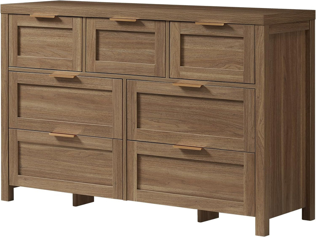 OAKHAM HOME 47' Wide 7 Drawer Dresser, Rustic Wooden Storage Dresser with Metal Handles, Large Chest of Drawers for Bedroom, Living Room & Hallway (Special Walnut)