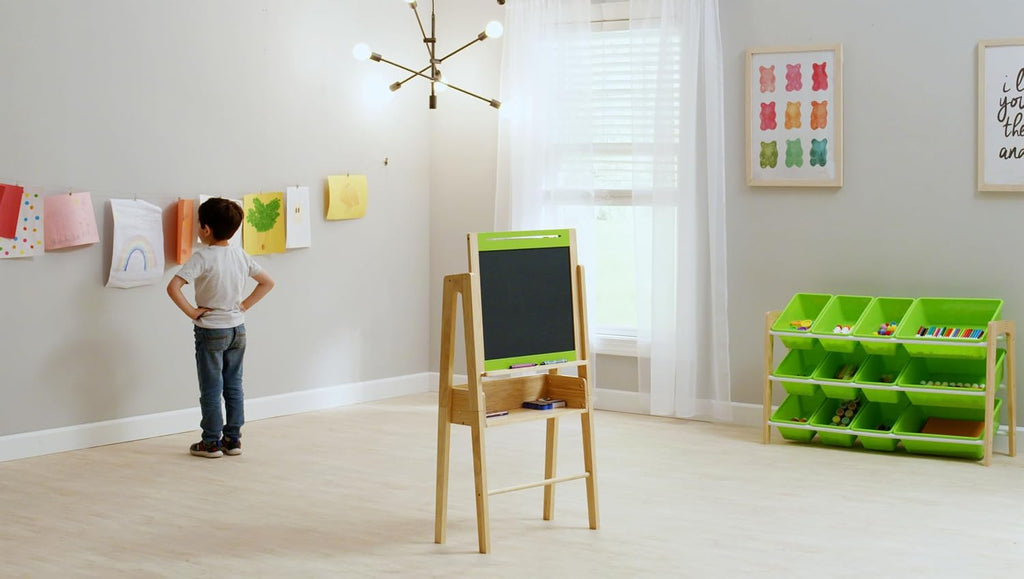 Humble Crew Kids Art Easel with Storage, Double-Sided Easel Set with Chalkboard & Whiteboard, 12-Bin Organizer & Art Supplies, All-in-One Kids Artwork Station for Playroom