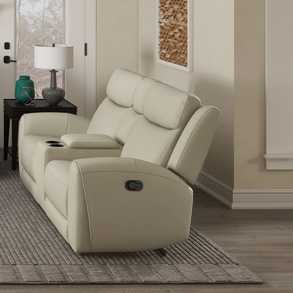 Furniture of America Larson Modern Leather Recliner Loveseat with Storage Console and Cup Holders, Reclining Sofa, Comfortable Couch for Living Room, Office, Home Theater, Beige