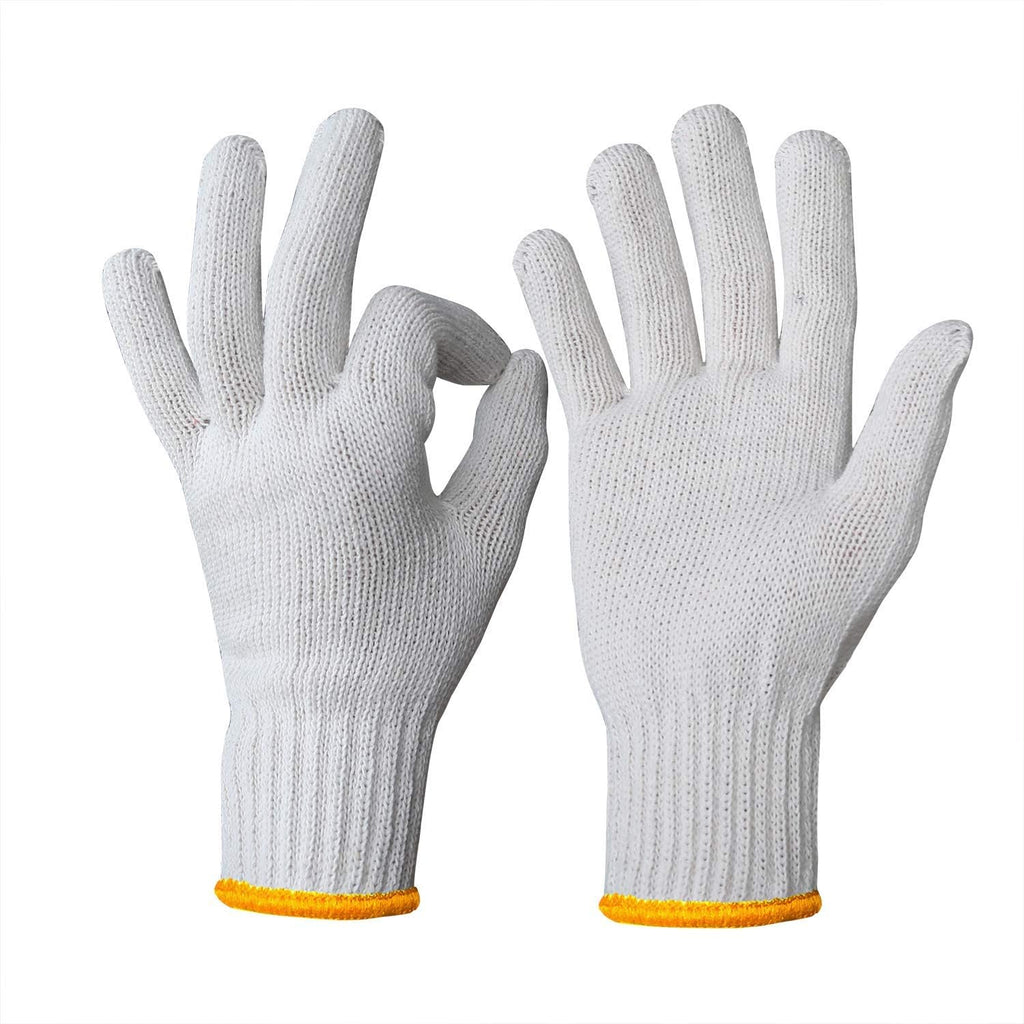 Evridwear Cotton Polyester String Knit Shell Safety Protection Work Gloves for Painter Mechanic Industrial Warehouse Gardening Construction Men One Case (12 PairsX20) With no dots, L Size