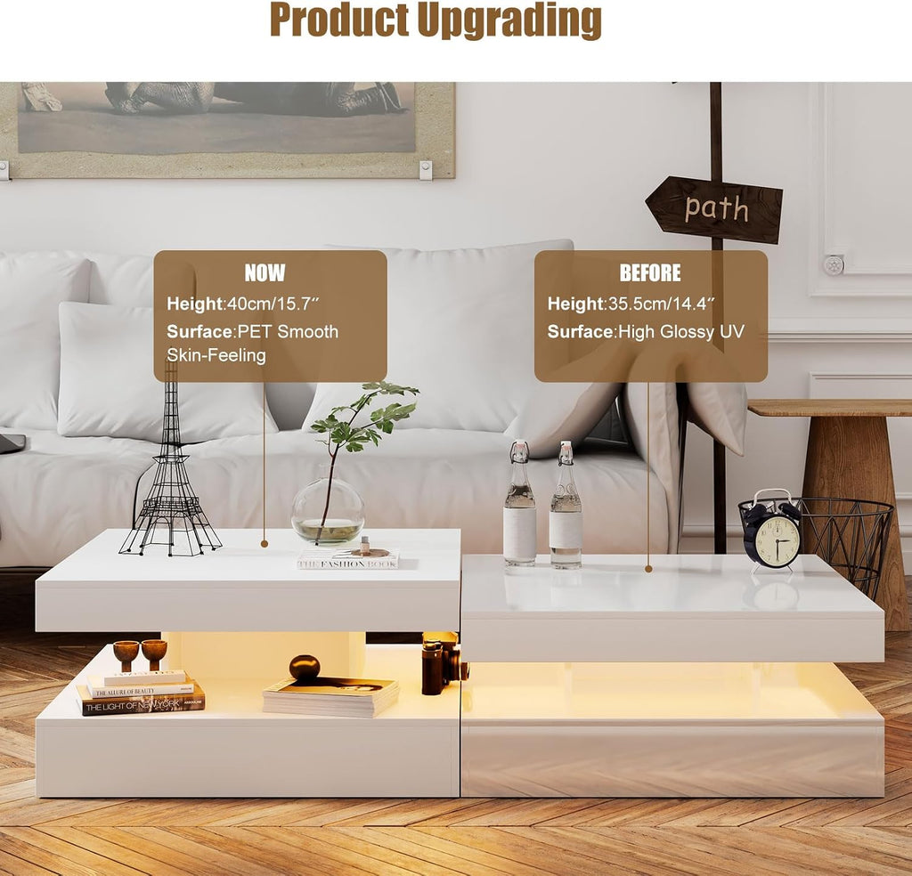 HedoAjim White LED Coffee Table for Living Room, Living Room Table 2-Tier Square Middle Center Table, Modern Coffee Tables with Storage, Wood Tea Tables for Dining Reception, Skin Feeling