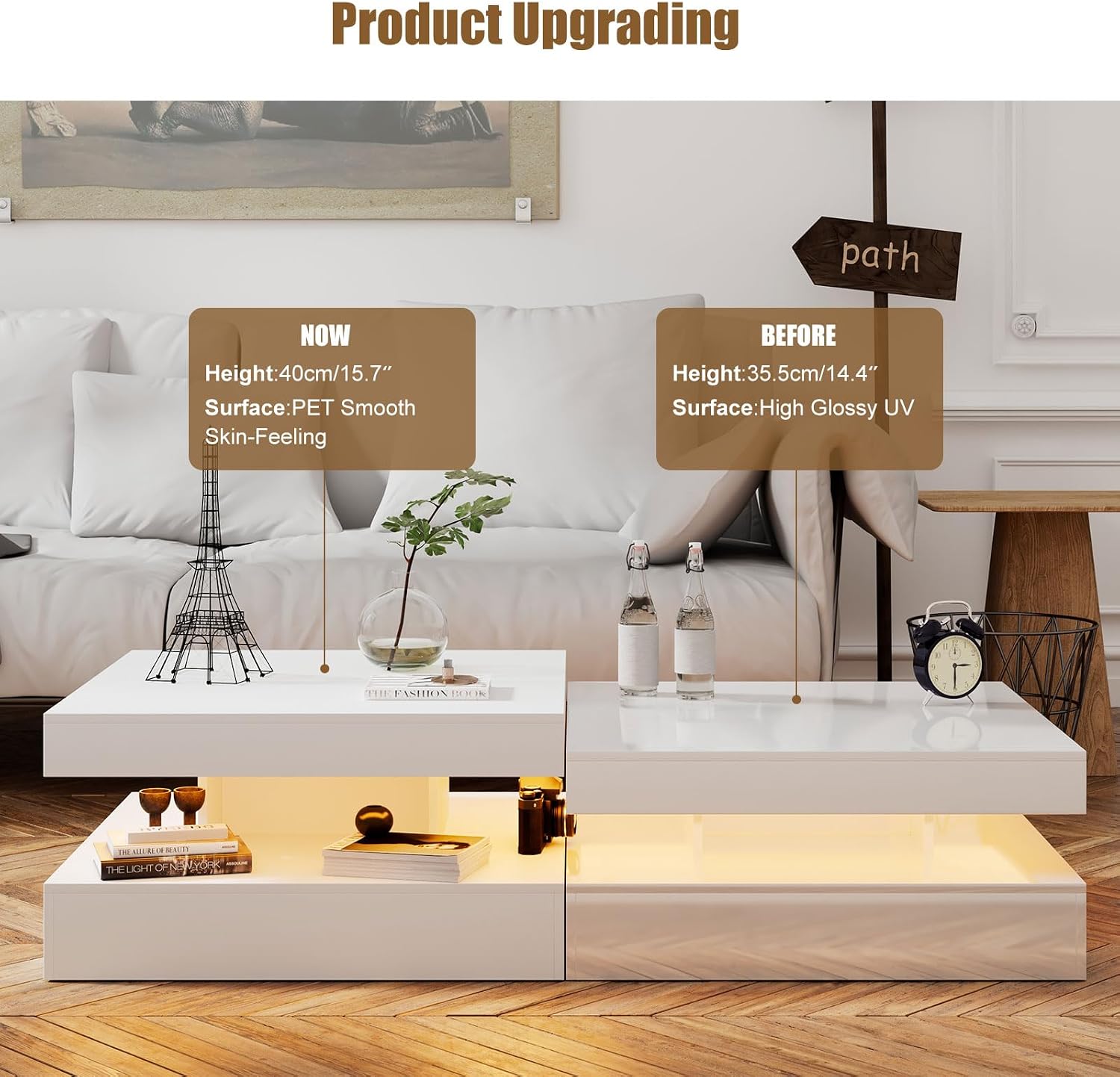 HedoAjim White LED Coffee Table for Living Room, Living Room Table 2-Tier Square Middle Center Table, Modern Coffee Tables with Storage, Wood Tea Tables for Dining Reception, Skin Feeling