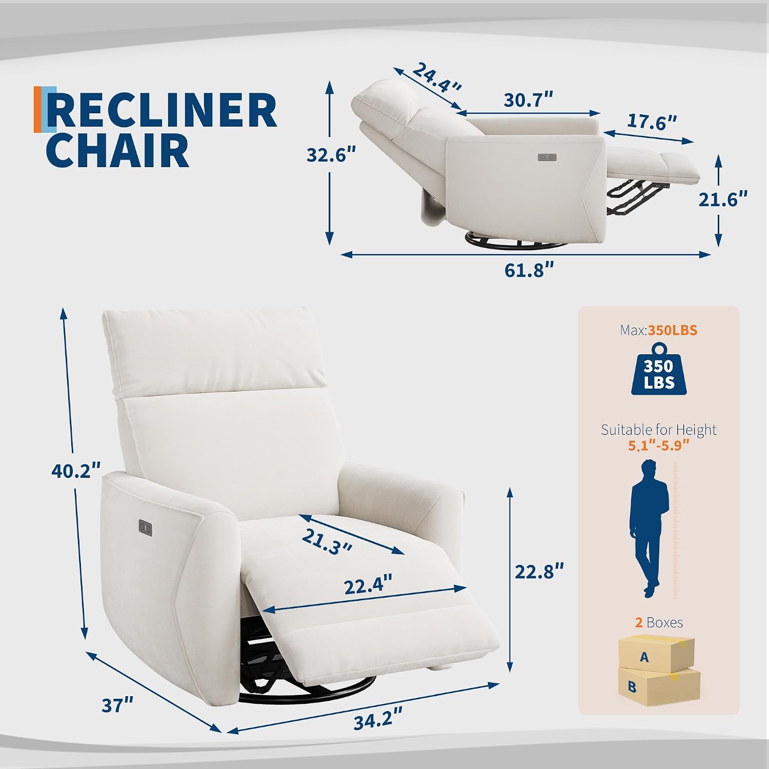 GarveeHome Power Recliner Chair, 270° Swivel Rocking Glider with USB Charging Port, Chenille Upholstered Fabric, Ergonomic Modern Nursery Chair for Living Room, Bedroom, Nursery (Beige)