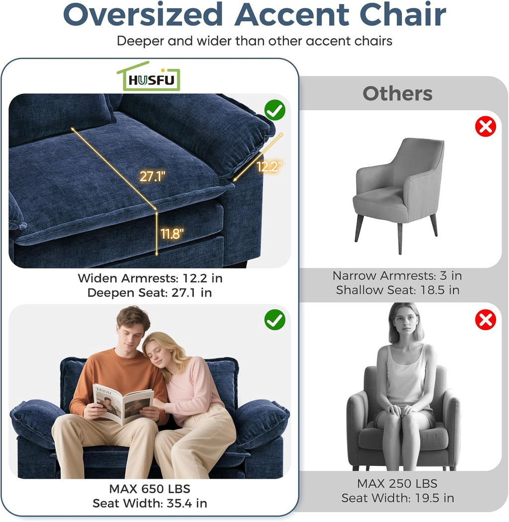 HUSFU 49.5'' W Oversized Accent Chair, Chenille Cloud Sofa Chair with Deep Seat and Extra Wide Armrests, Comfy Reading Armchair for Bedroom, Living Room, Blue