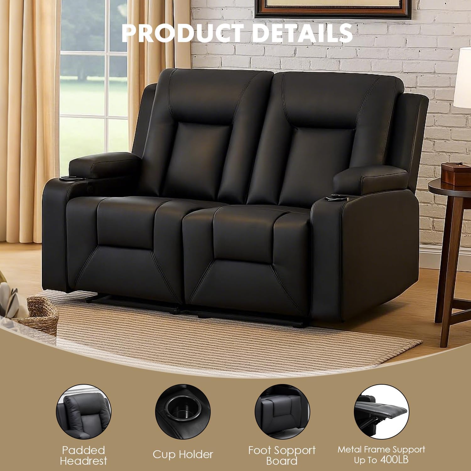 LUCKLIFE Leather Recliner Sofa Set with Manual Recliners,Living Room Furniture Set with Reclining Couch,Loveseat and Armchair,Living Room Chair with Cup Holders,Black (2+1)