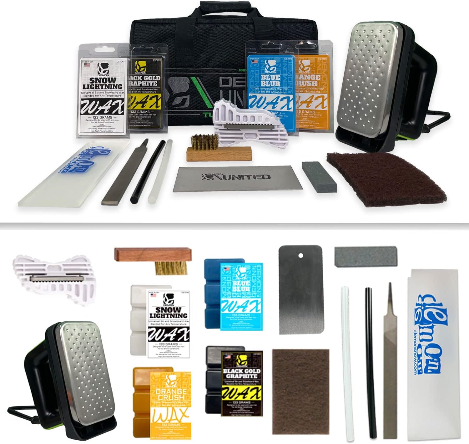 DEMON UNITED USA Diamond Star Edition Ski & Snowboard Tuning Kit, All Season Snow Conditions Wax Kit, Hot Wax Iron, Wax Apron, Nylon Brush, Brake Retainers