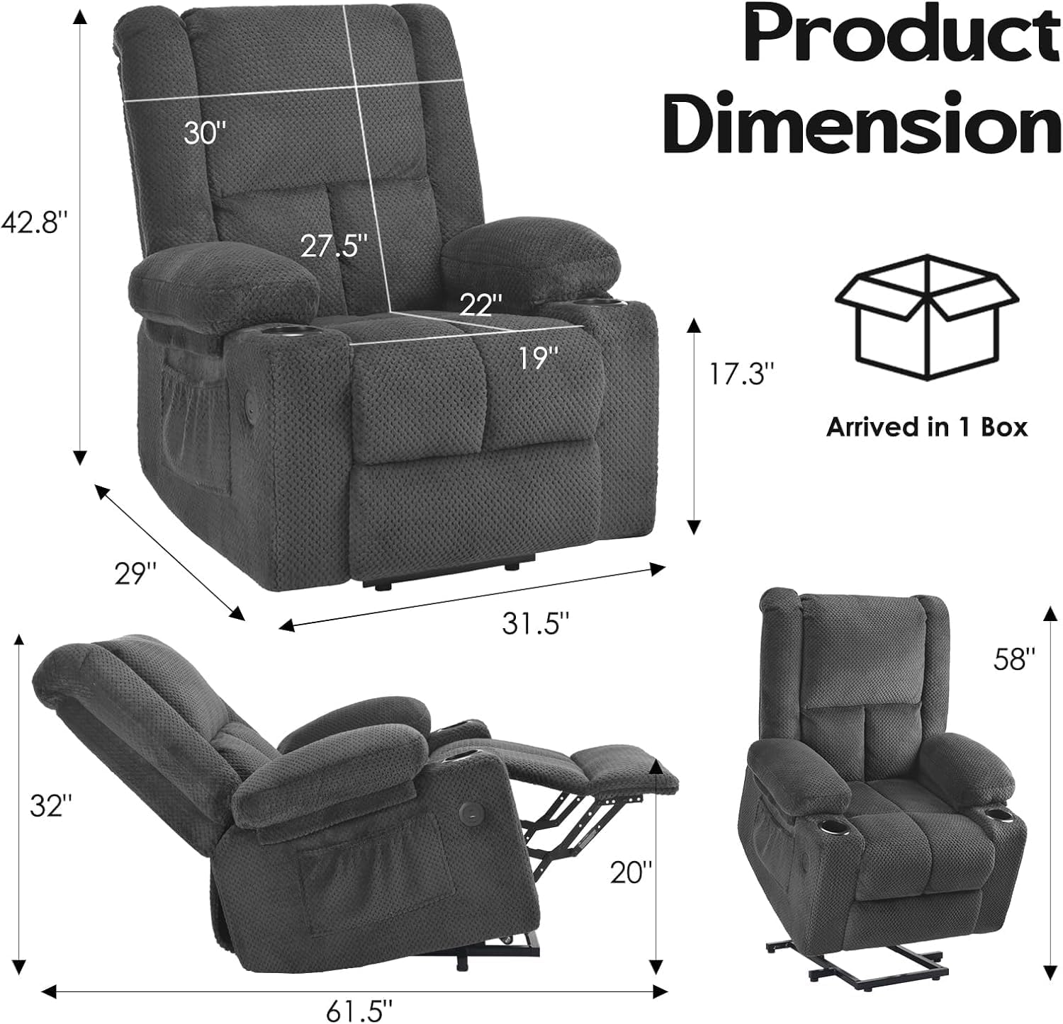 Small-Size Lift Chair for Elderly, Recliner Chair with Massage & Heat, Electric Lift Recliner Chair for Living Room with Side Pocket, USB & Type-C Charge Port, Grey