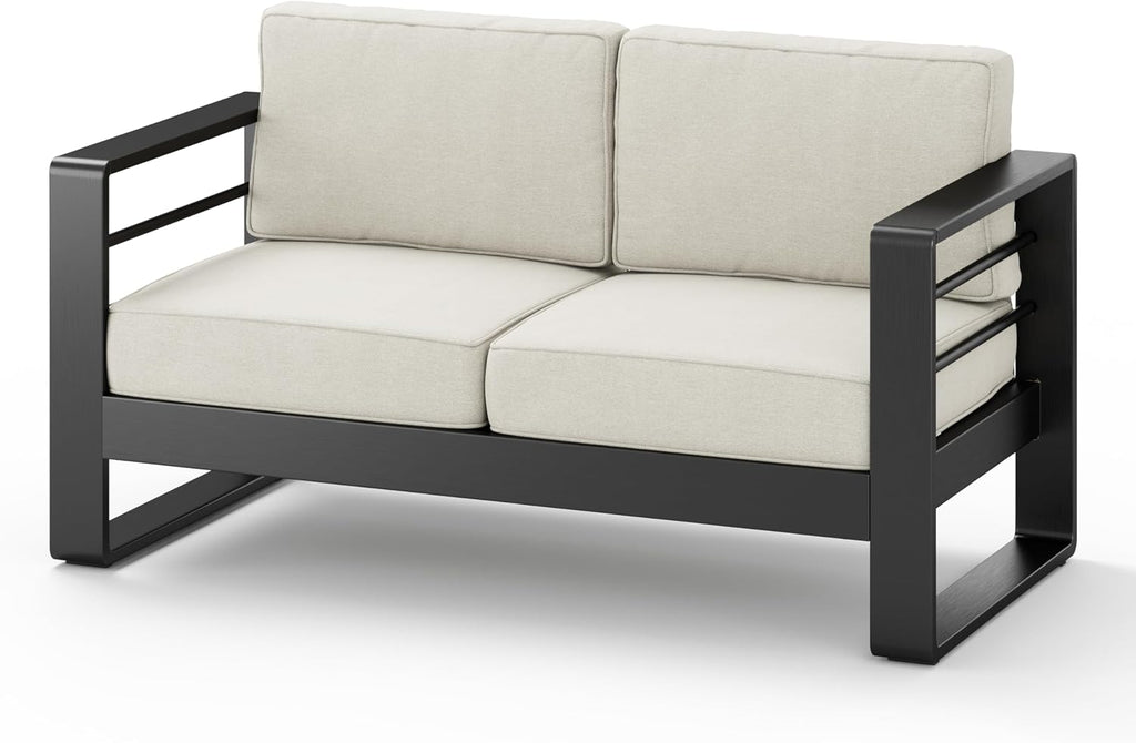 Christopher Knight Home Dessa Patio Loveseat, Aluminum Couch, 2 Seater Sofa, Stable Aluminum Frame Armchair, Spacious Seating, Outdoor Loveseat with Cushions for Backyard Garden Balcony, Black+Beige