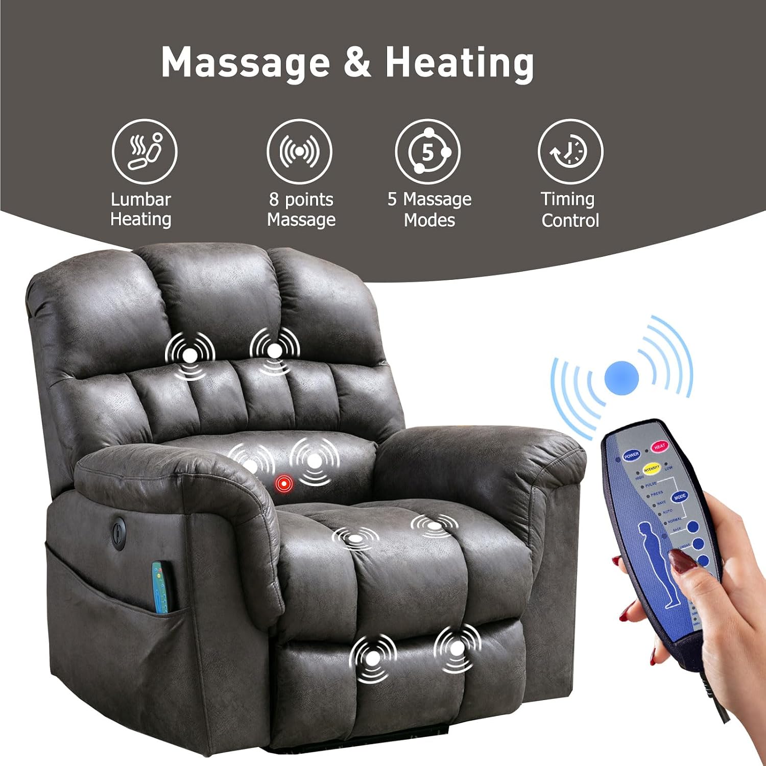 Bonzy Home Power Lift Chairs Recliner for Elderly, Electric Recliner Chair with Heat and Massage, 24' Wide Seat for Big People, Comfortable Backrest, Faux Leather, USB Charging Ports, Grey