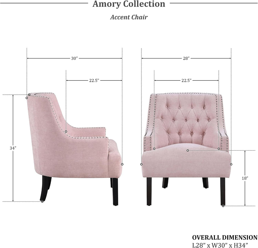 Lexicon Accent Chair Reading Chair Comfy Chair for Bedroom, Upholstered Armchair with Solid Wood Frame, Tufted Cushion Nail Head Trim, Single Sofa Chair for Living Room, Office, Pink Chenille