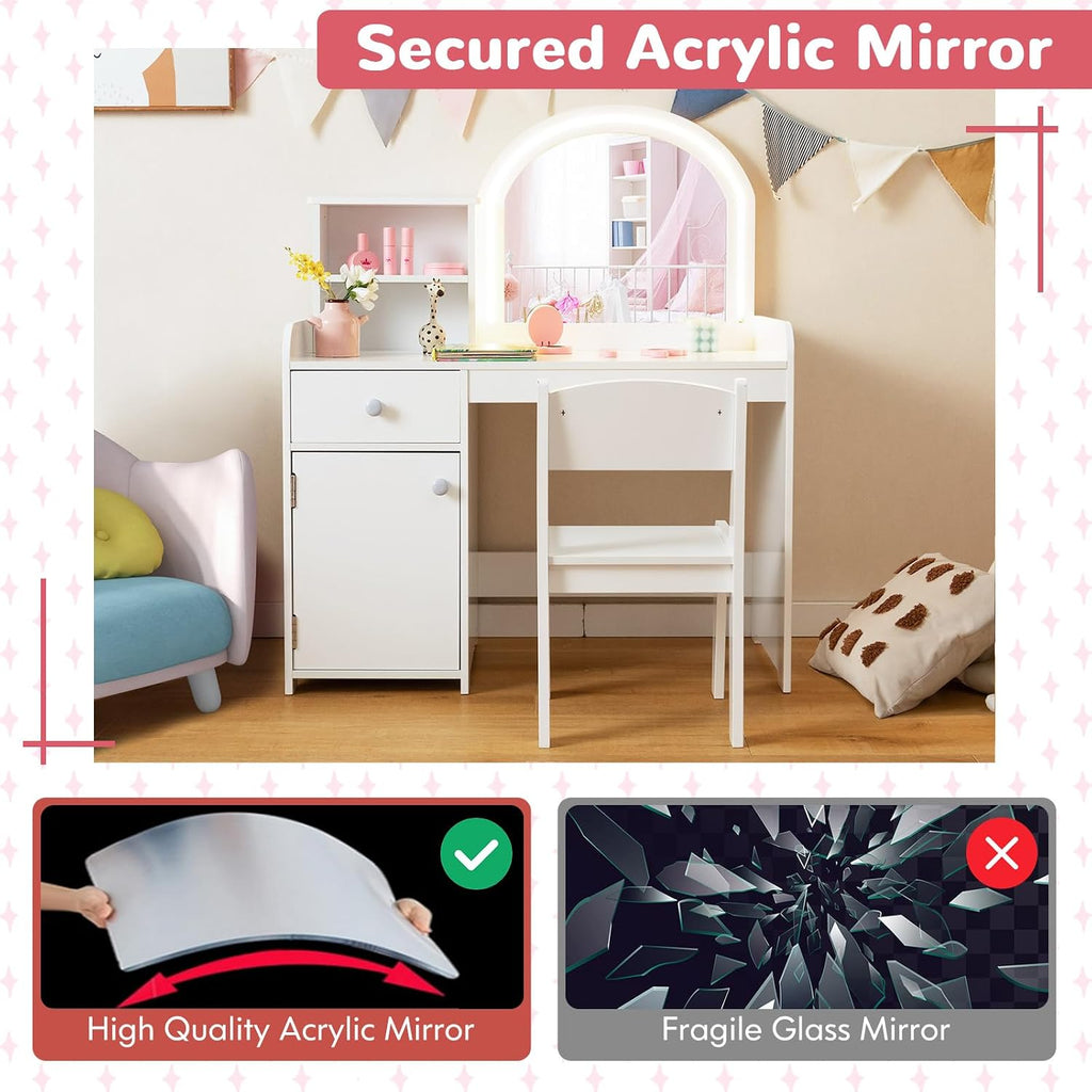 HONEY JOY Kids Vanity with Lights, Little Girls Vanity Set with Mirror and Stool and Lights, Wooden Princess Makeup Dressing Table, Storage Cabinet, Pretend Play Kids Vanity Table and Chair Set(White)