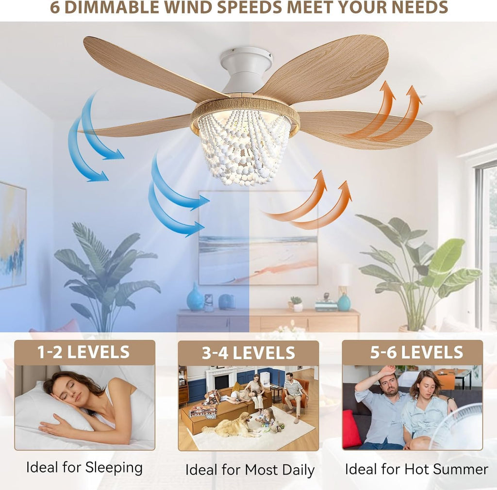 Boho Ceiling Fans with Lights and Remote, Wood Beaded 52 inch Ceiling Fan with Light,6 Speed Reversible Motor LED Flush Mount Ceiling Fans, Ceiling Fan Light for Bedroom Living Room (ABS Blades)