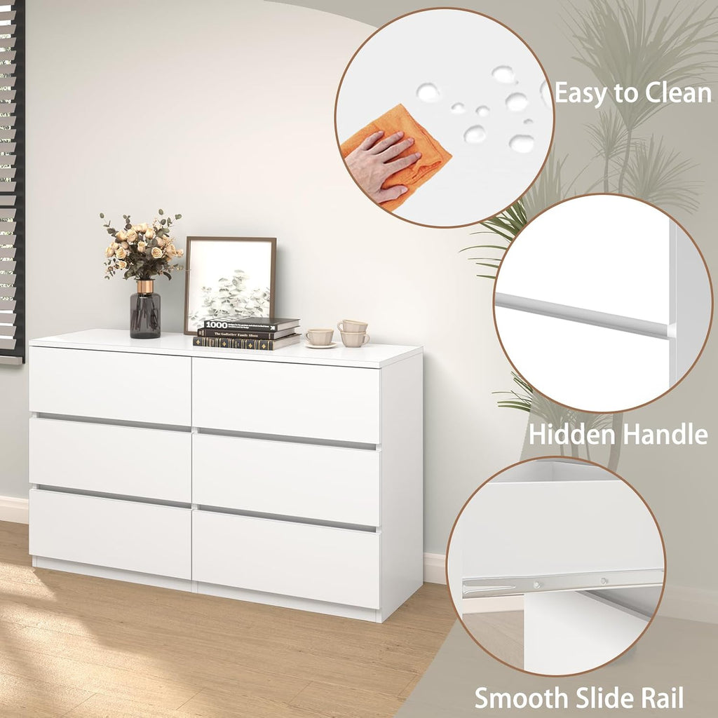 furtble 6 Drawer Dresser for Bedroom, Modern White Chest of Drawers No Handles Large Storage, Wood Dressers with Wide Drawers for Closet, Living Room, Home Office(43.3' W x13.4 Dx 26.4' H)