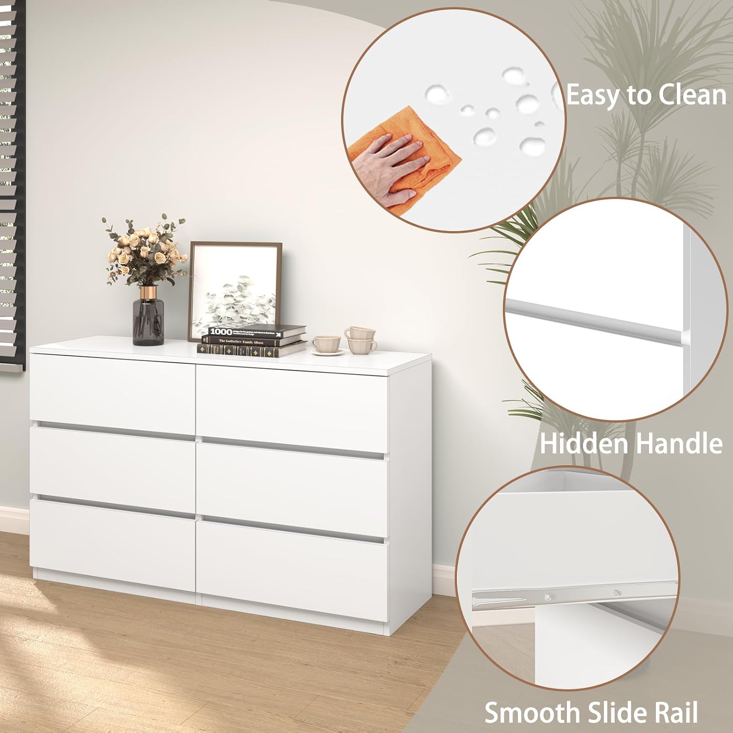 furtble 6 Drawer Dresser for Bedroom, Modern White Chest of Drawers No Handles Large Storage, Wood Dressers with Wide Drawers for Closet, Living Room, Home Office(43.3' W x13.4 Dx 26.4' H)