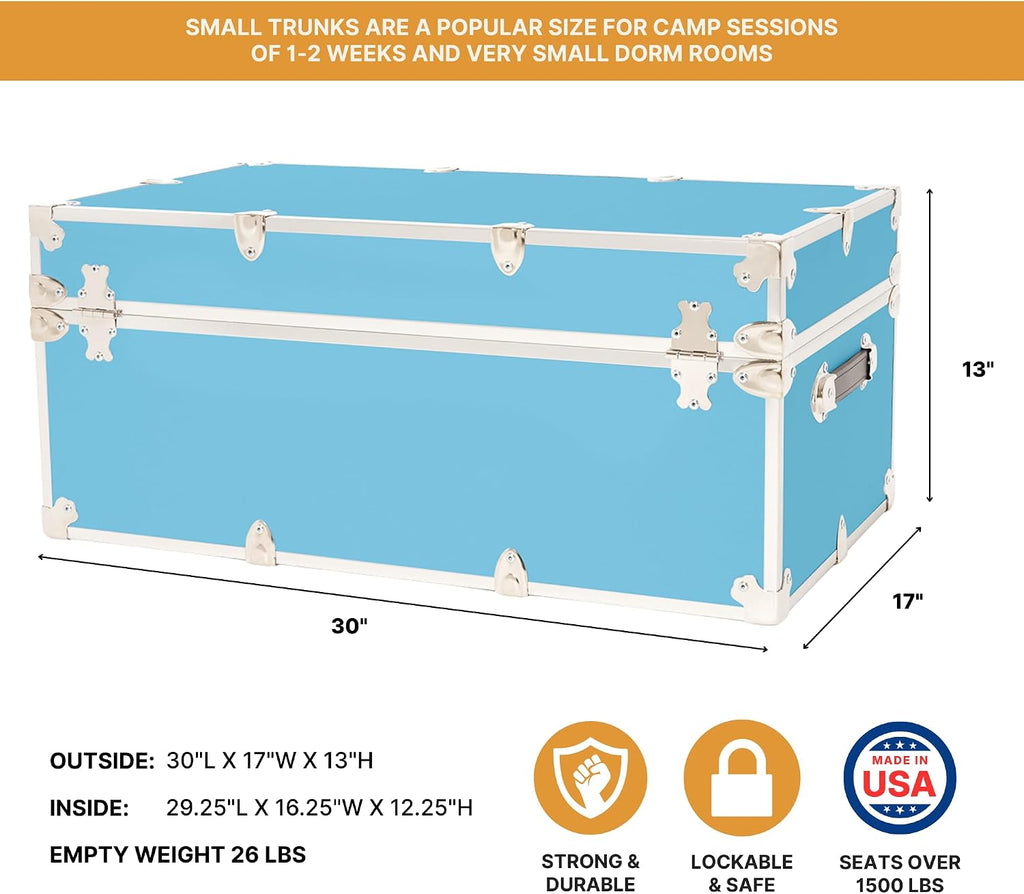 Rhino Trunk & Case Classic Camp & College Trunk with Wheels. 30'x17'x13', 1500+ lbs Capacity - Many Colors, Soft-Close Lid. Strong, USA Made Summer Camp Footlocker and Secure Dorm Storage Chest