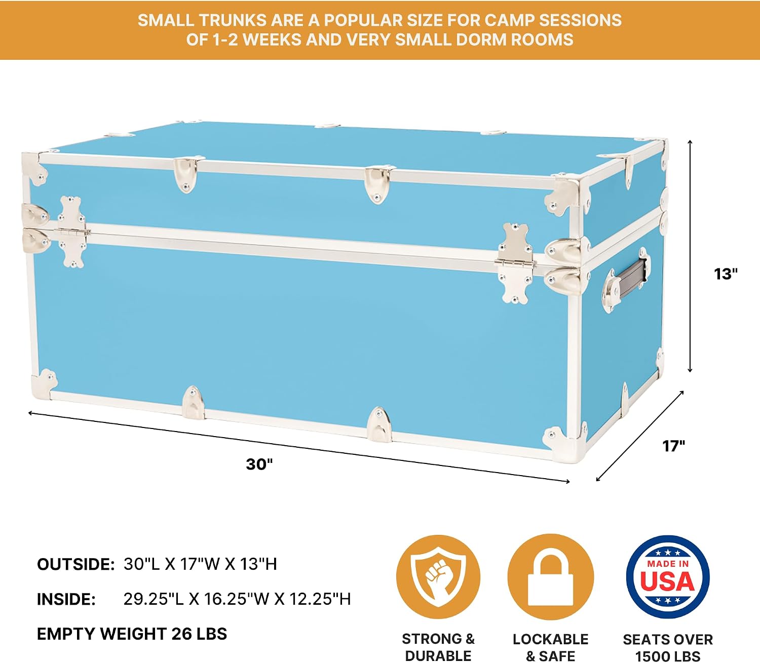 Rhino Trunk & Case Classic Camp & College Trunk with Wheels. 30'x17'x13', 1500+ lbs Capacity - Many Colors, Soft-Close Lid. Strong, USA Made Summer Camp Footlocker and Secure Dorm Storage Chest