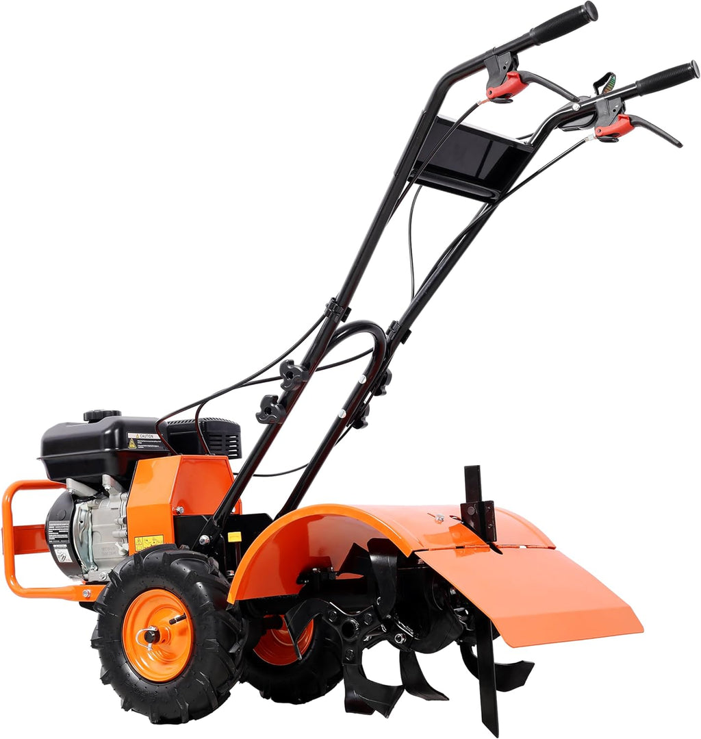 【LuckyNote】 Heavy Duty Power Tiller, Rear Tine Tiller - 7HP Gas Engine 212CC, 20' Wide and 8' Deep Cultivator - Garden Soil Prep for Planters and Vegetable Beds and More.13 Inch Agricultural Tires