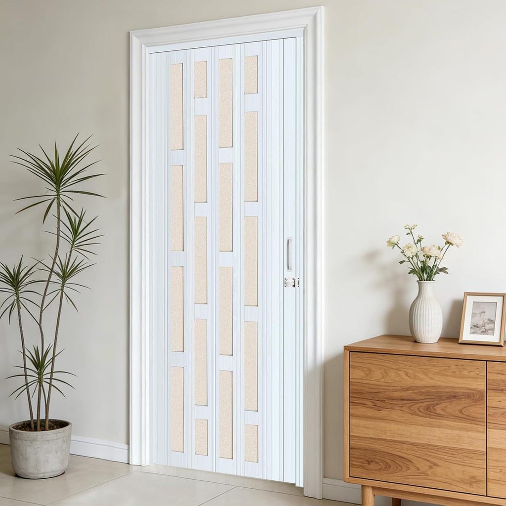 DIYHD 36X80in Glass Accordion Door with Latch&Handle, Double-Layer Thickened PVC Folding Interior Door with Frosted Acrylic - Blocks Views, Lets Light In, Easy Install for Closet, Utility&Room Divider