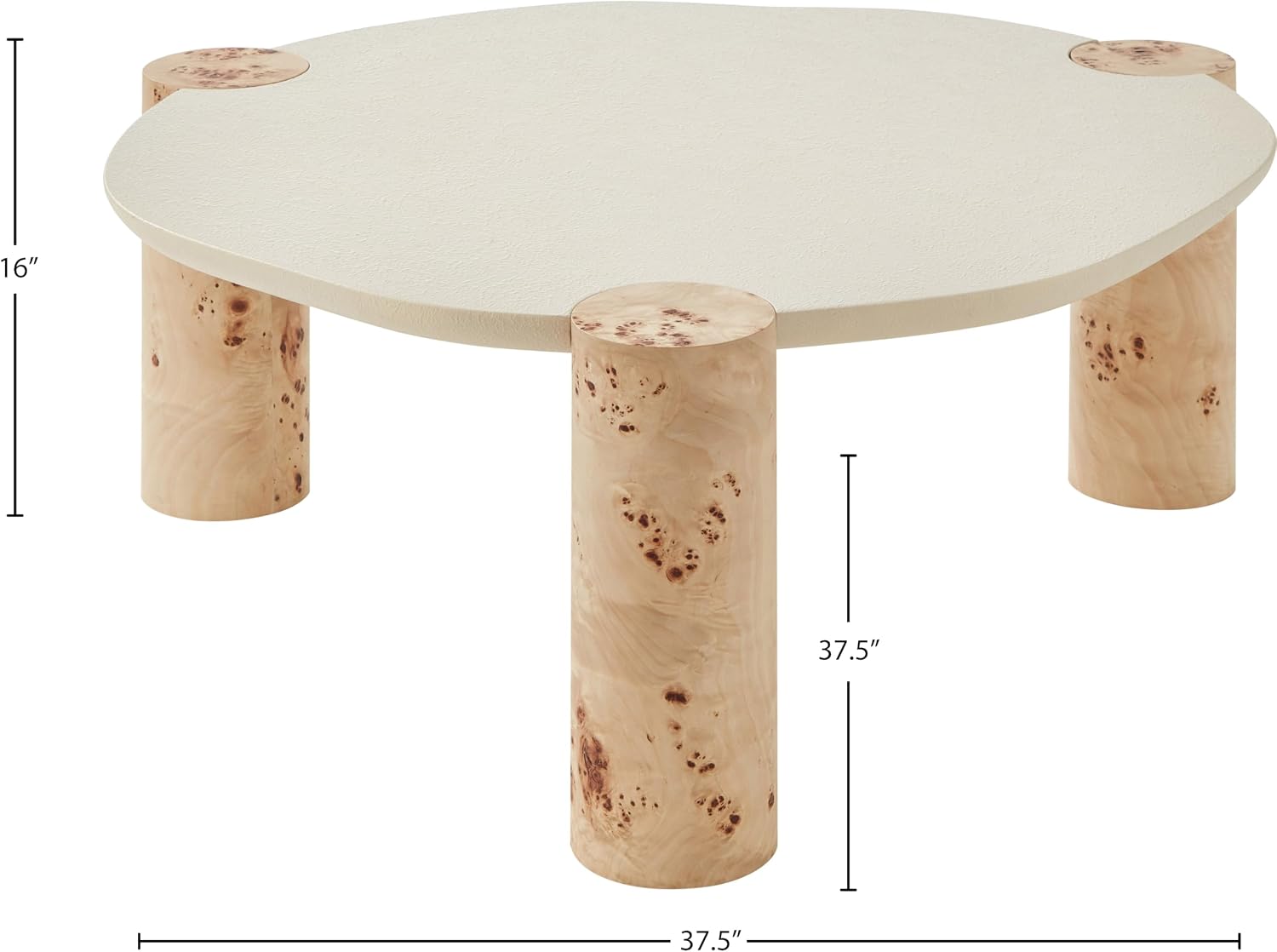Meridian Furniture 99037-CT Thor Collection Modern | Contemporary Coffee Table with Rich Burl Veneer Legs, White Resin Top, 37.5' W x 37.5' D x 16' H