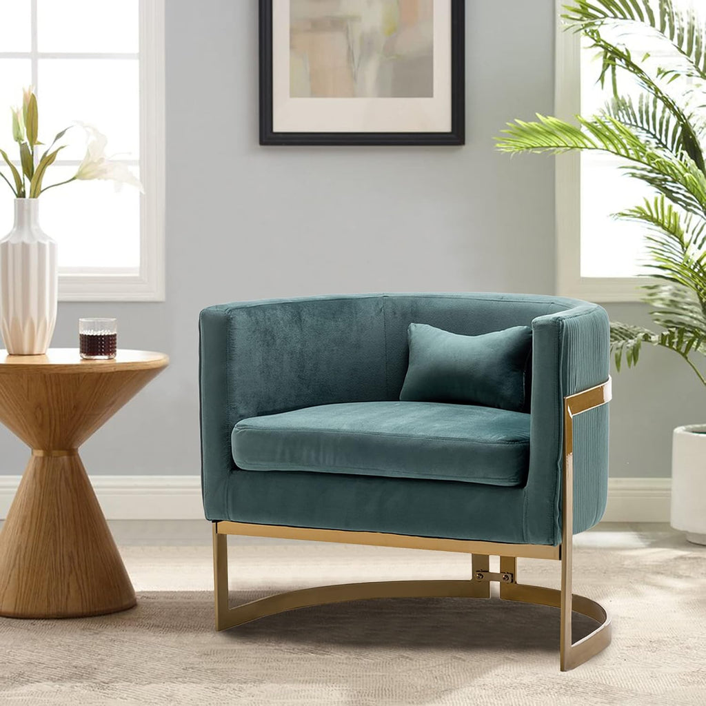 Velvet Accent Chair, Modern Upholstered Arm Chair for Living Room Bedroom Sofa Side Chair Velvet Barrel Chair with Gold Legs Lake Blue