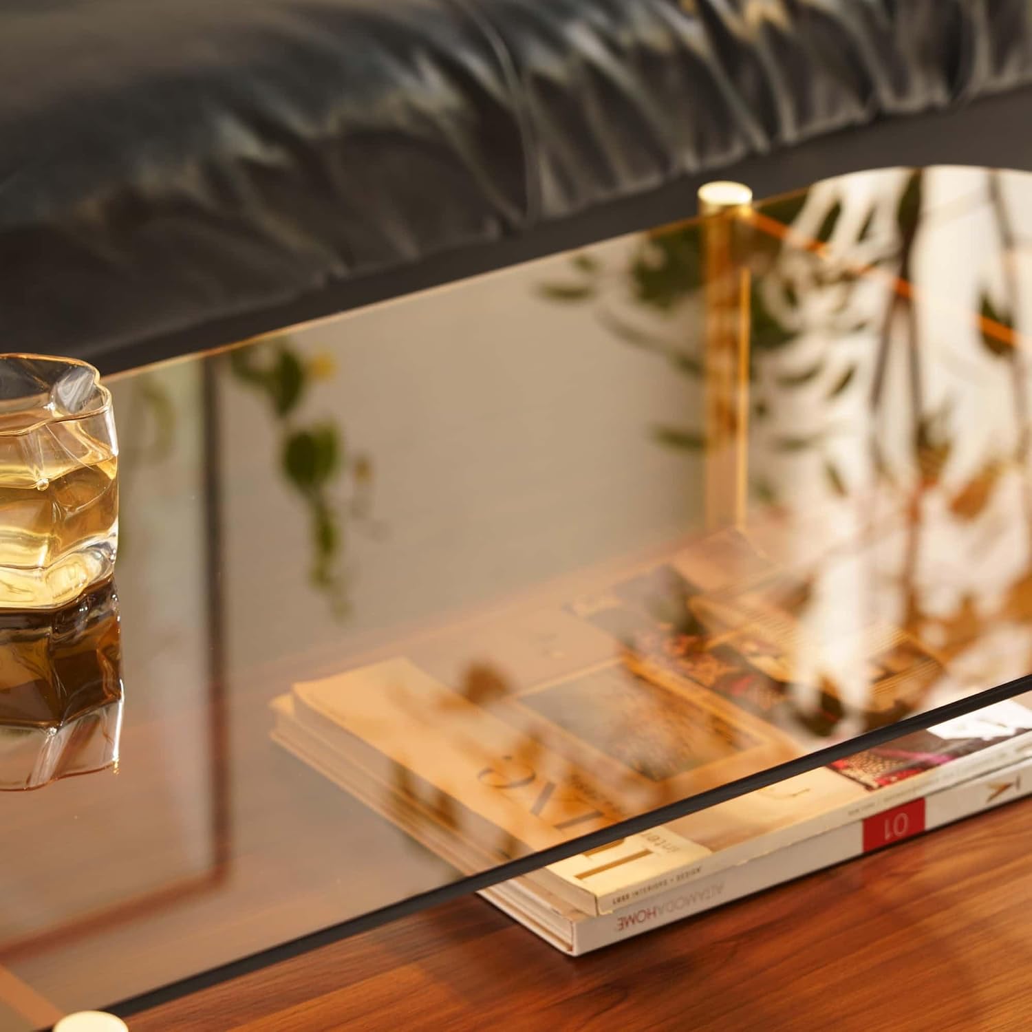 AGV LIGHTING Tadio Glass Coffee Table, Mid-Century Modern Coffee Table for Living Room, Gold Finish Leg, Coffee Brown Glass Top & Walnut Brown Shelf, Rounded Corners