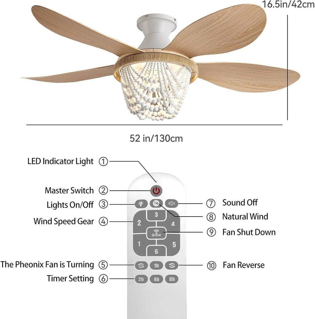 Boho Ceiling Fans with Lights and Remote, Wood Beaded 52 inch Ceiling Fan with Light,6 Speed Reversible Motor LED Flush Mount Ceiling Fans, Ceiling Fan Light for Bedroom Living Room (ABS Blades)