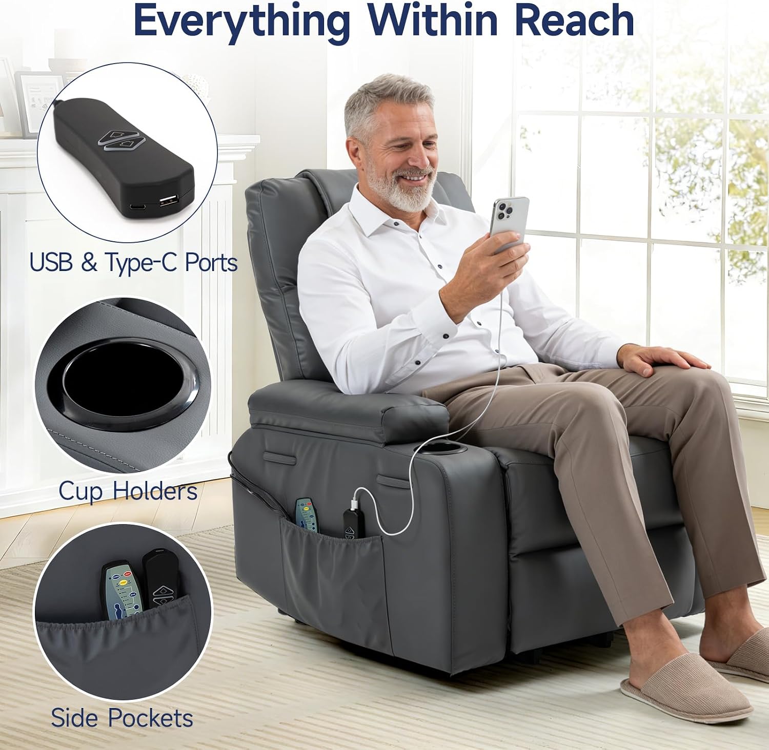 Brage Living Power Lift Recliner Chair for Elderly with Massage & Heat, PU Leather Electric Recliner with 160° Adjustable Recline, Stand Assist, Remote Control, USB Charge Port, Cup Holders (Gray)
