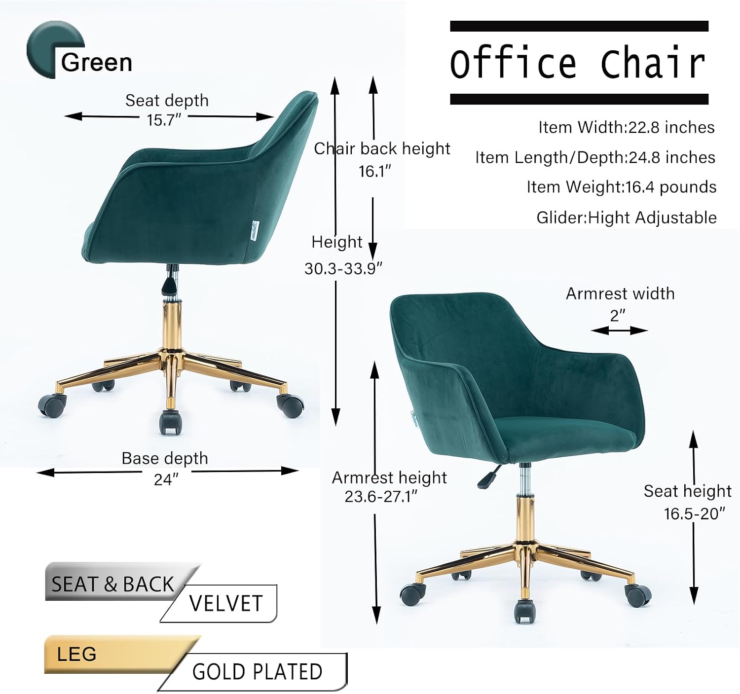 6955624348851 Modern Velvet, Height Adjustable, 360° Swivel Office Chair, Upholstered Cosmetic Dresser Armchair with Metal Feet and Backrest, Bedroom Furniture Dark Green