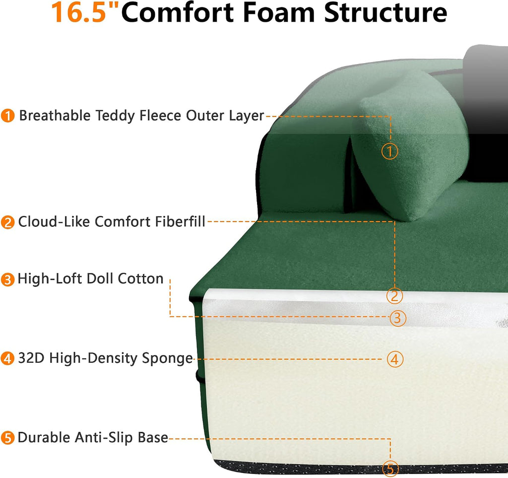 KEIKI Modular Boneless Sectional Teddy Couch with Full Chaise for Living Room, Oversized 135' Full Size Modern Luxury Sofa, for Weekend Lounging and Intimate Movie Nights, Deep Relaxation, Green