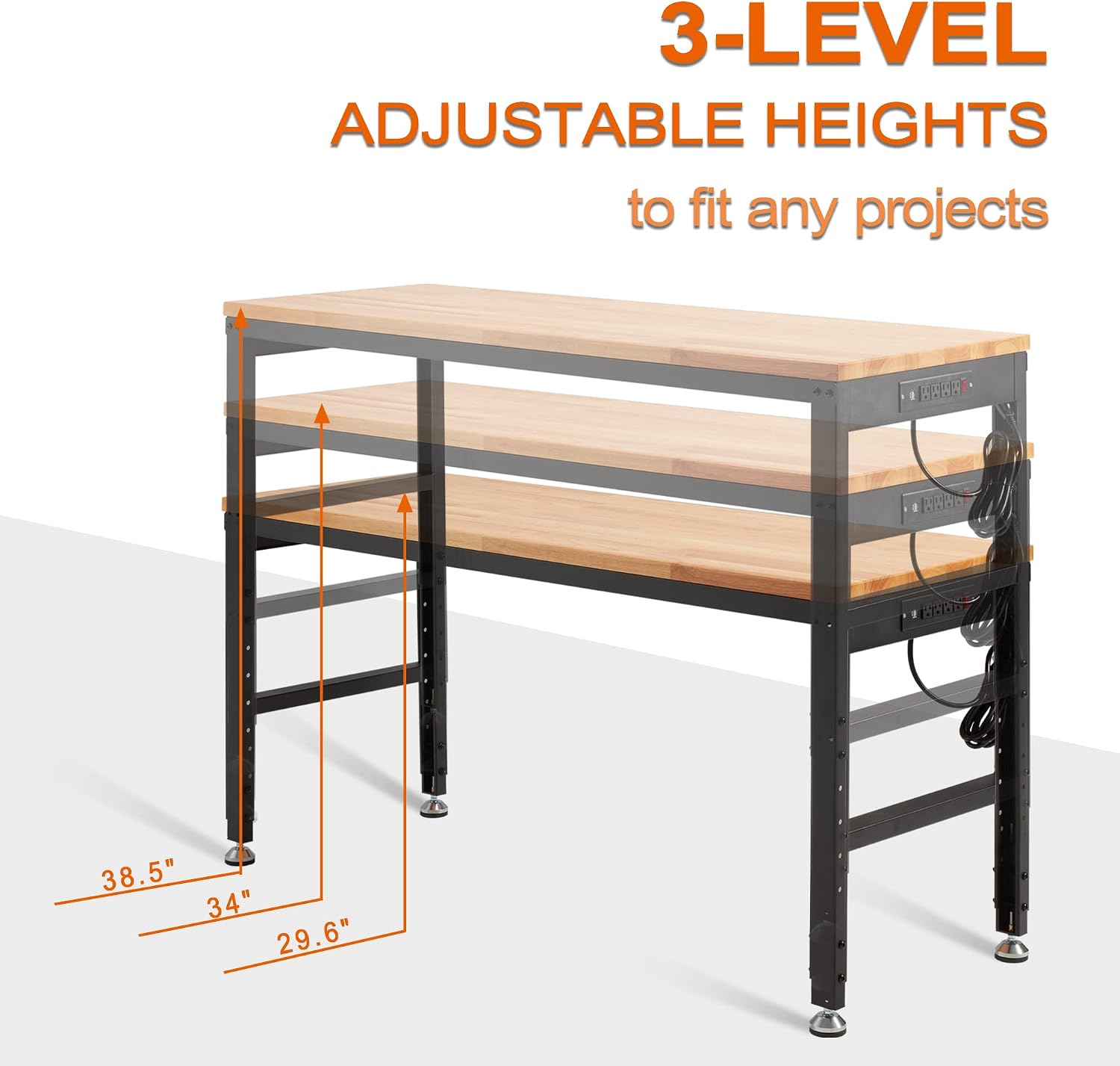 Haddockway Adjustable Workbench for Garage, 60' x 22' Rubber Wood Top Worktable with Power Outlets, Max 2000 Lbs Load Capacity Heavy Duty Workstation for Workshop Office Home (Black Frame, 60in)