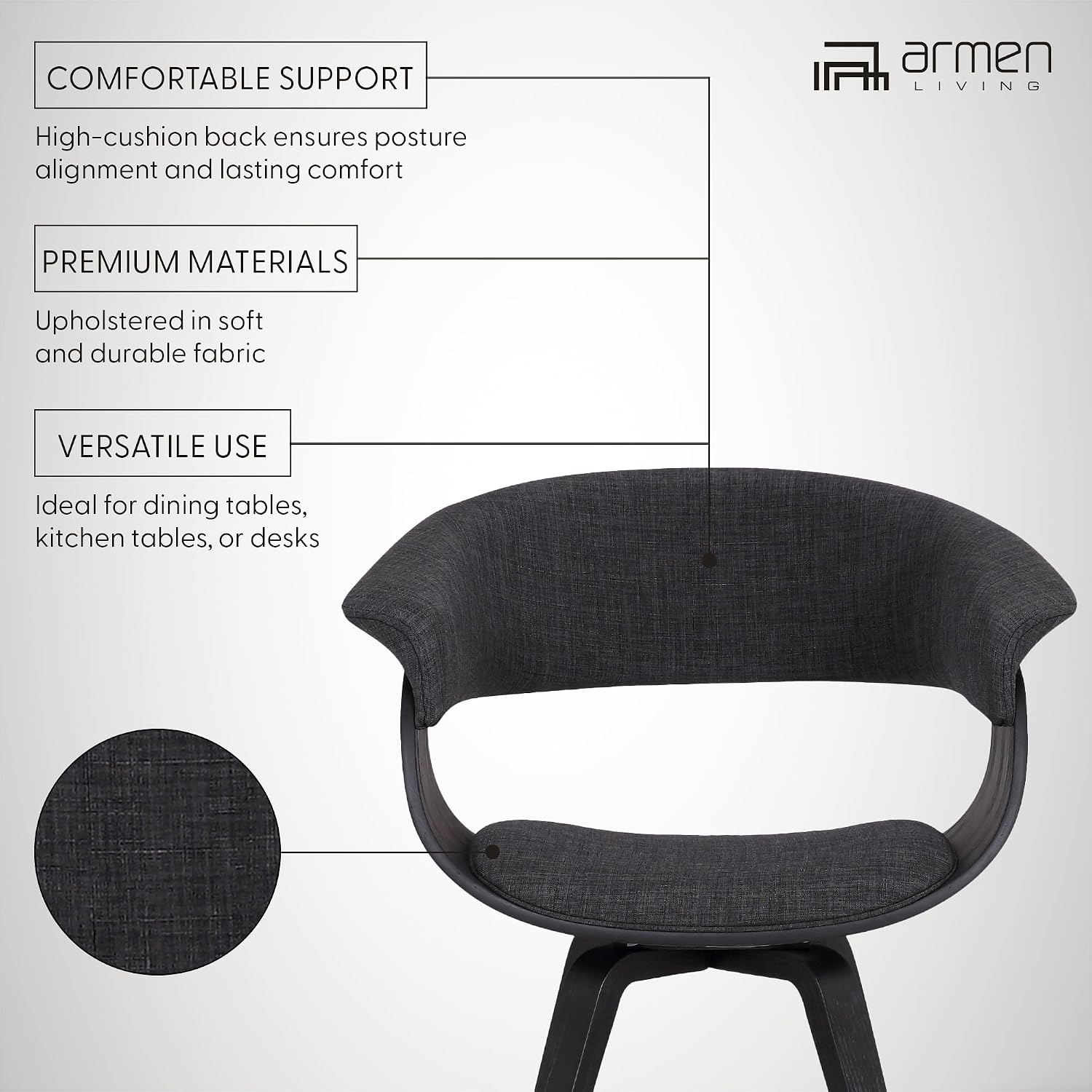 Armen Living Summer Mid Century Modern Dining Accent Chair for Table Kitchen Desk Vanity in Charcoal Fabric and Black Wood Finish