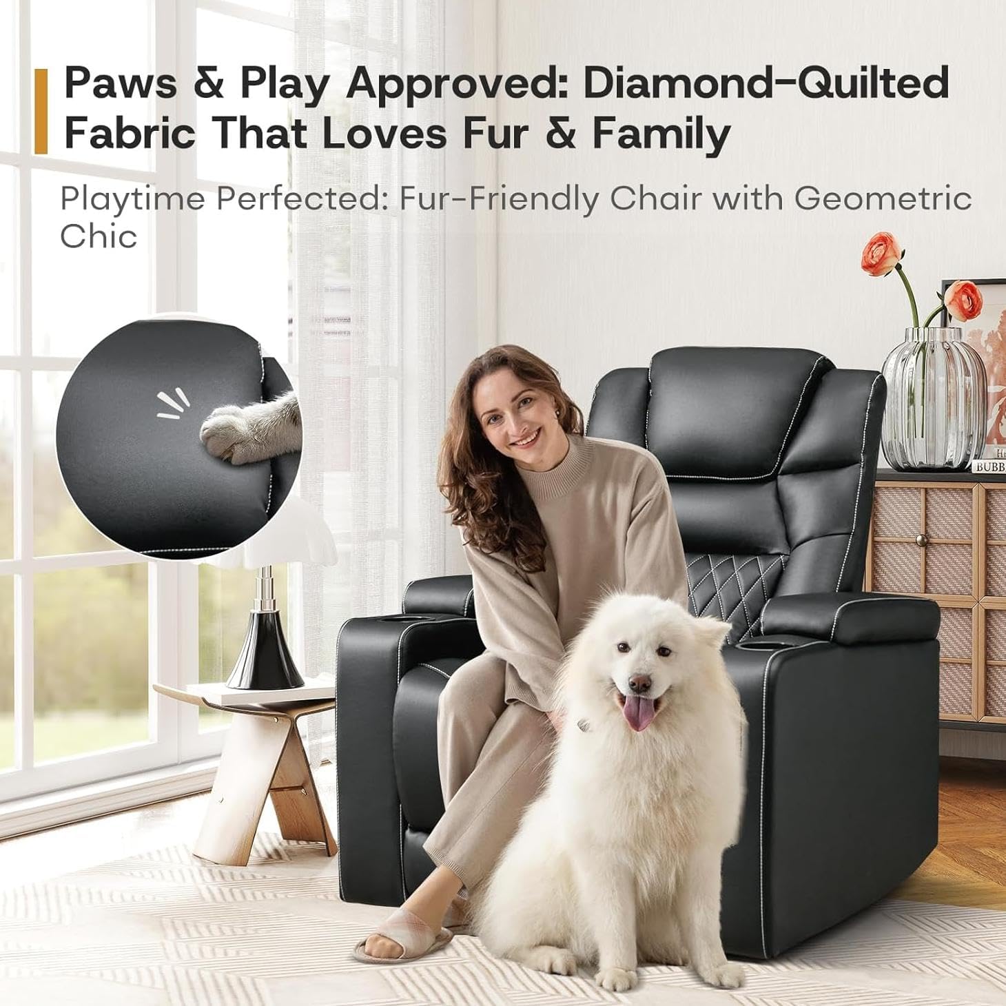 ANJ Power Home Theater Recliner Chair Set of 2, Electric Movie Theater Seating Reclining Chairs with Cup Holders for Living Room, Faux Leather with Blue LED, USB Ports, Hidden Arm Storage (Black)
